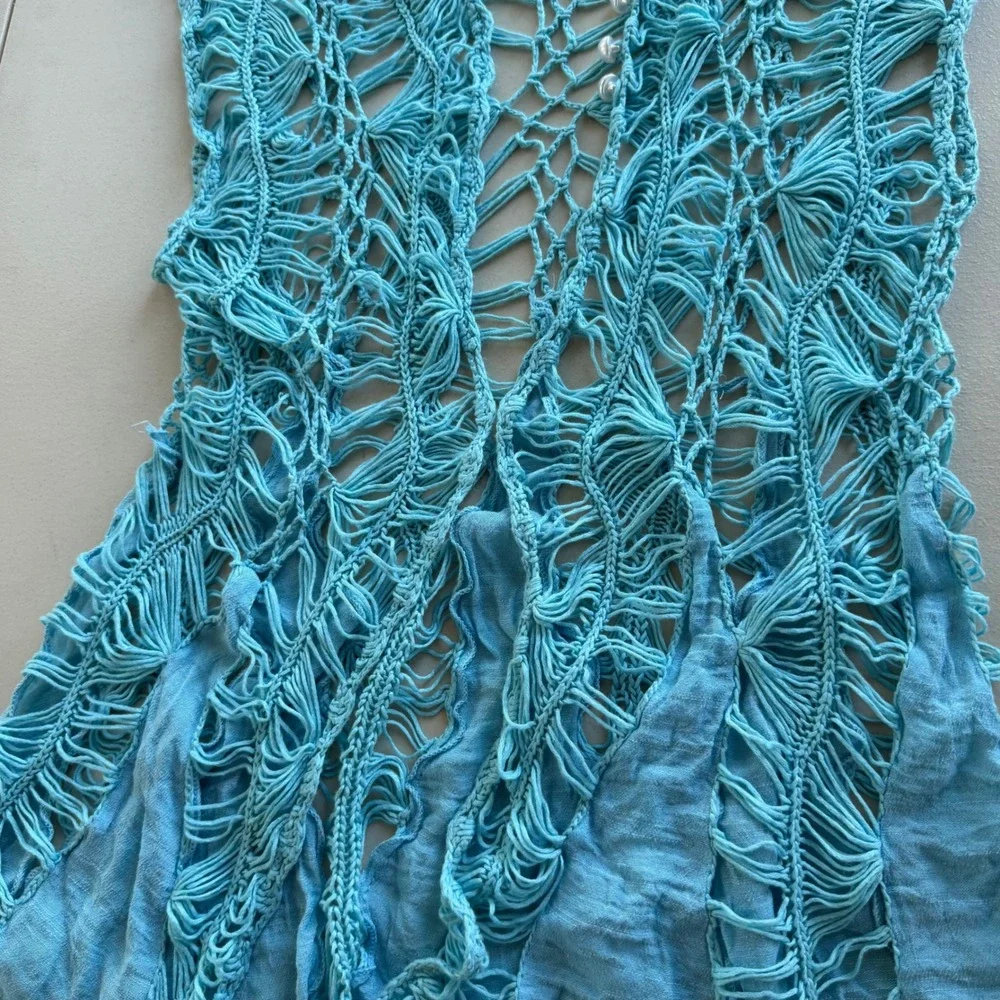 Women's Turquoise Aqua Blue Open Crochet Macrame Knit Pearl Button Beach Coverup